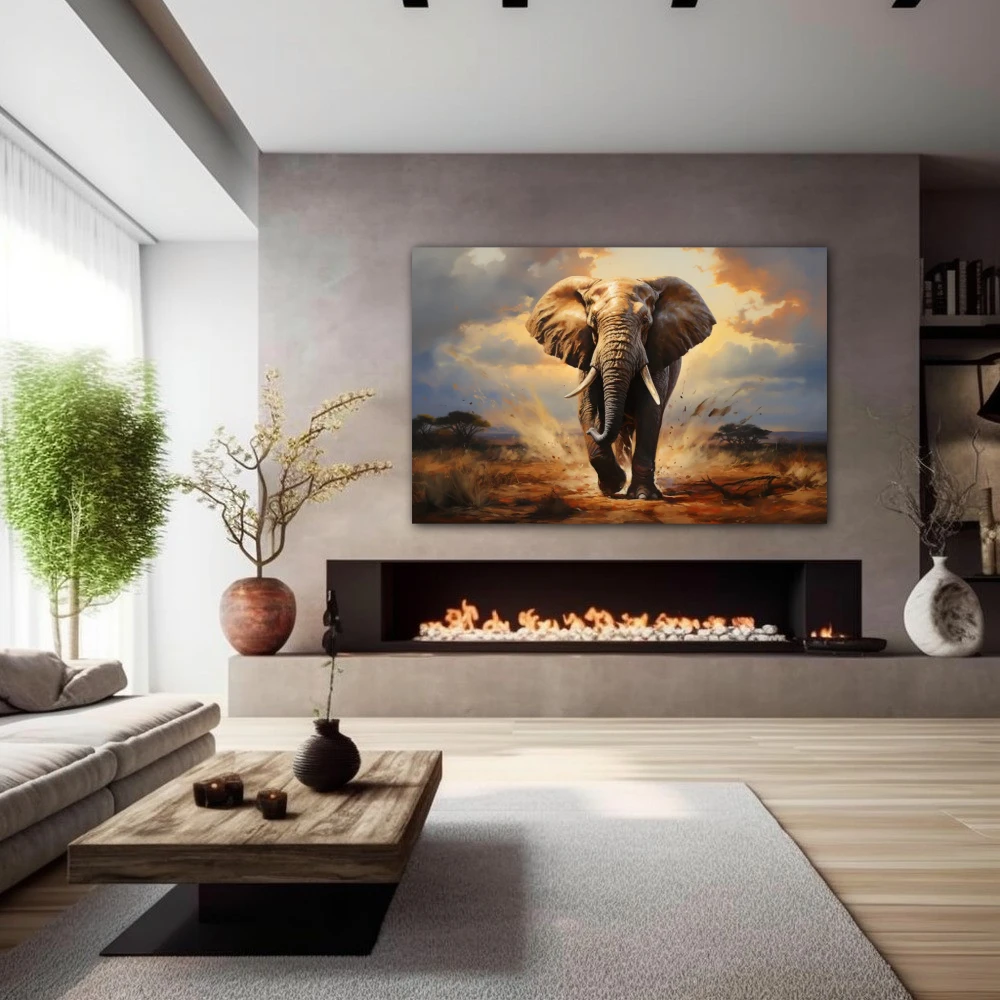 Wall Art titled: Majestic March in a Horizontal format with: Grey, and Brown Colors; Decoration the Fireplace wall