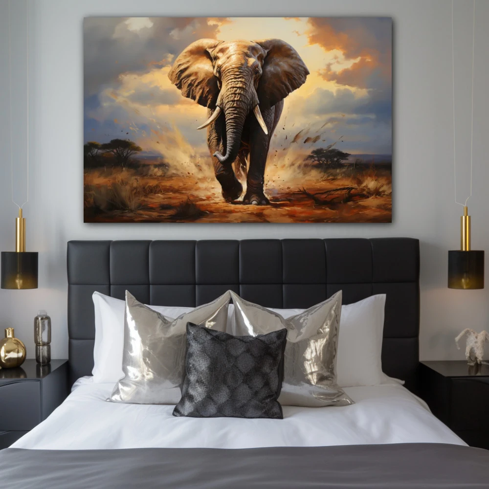 Cuadro marcha majestuosa en formato horizontal con colores gris, marrón; decorando pared de habitación dormitorio