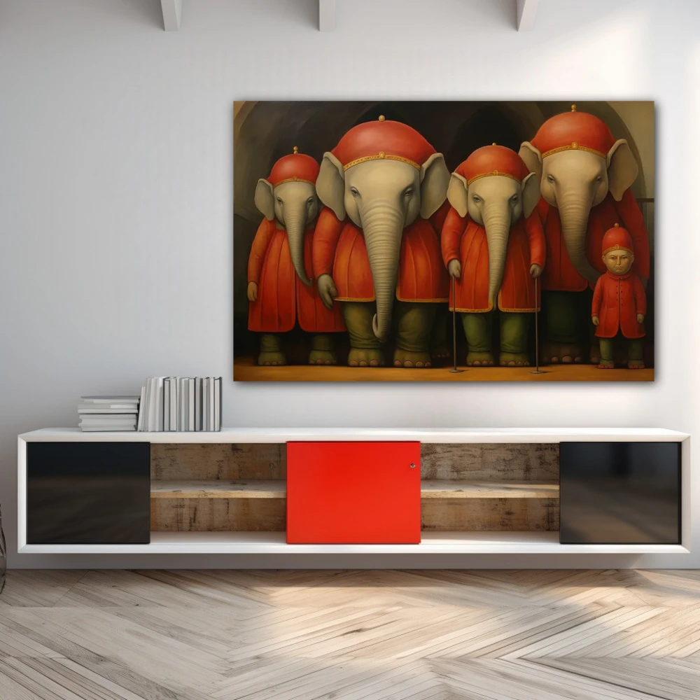 Wall Art titled: Memory of Silent Trunks in a Horizontal format with: Grey, Red, and Green Colors; Decoration the Sideboard wall