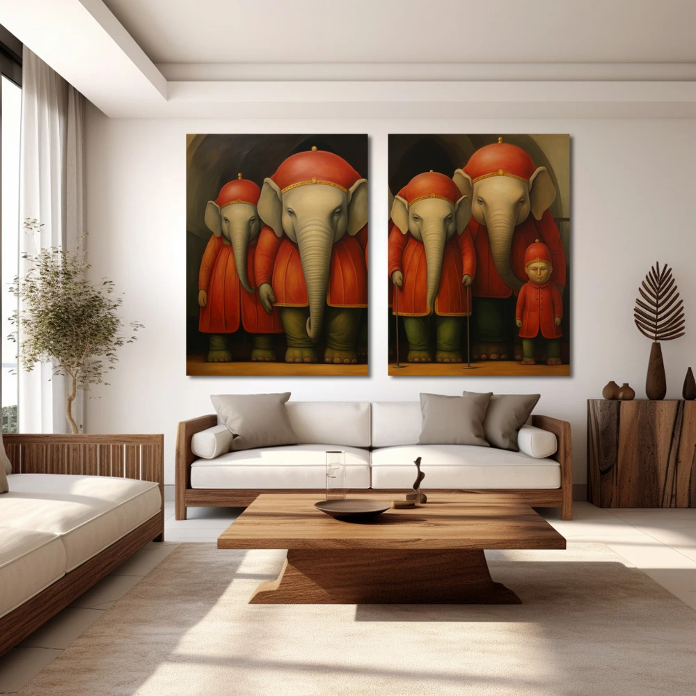 Wall Art titled: Memory of Silent Trunks in a Horizontal format with: Grey, Red, and Green Colors; Decoration the White Wall wall