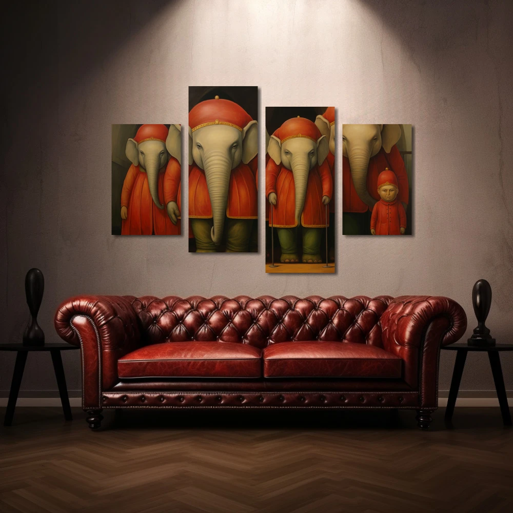 Wall Art titled: Memory of Silent Trunks in a Horizontal format with: Grey, Red, and Green Colors; Decoration the Above Couch wall