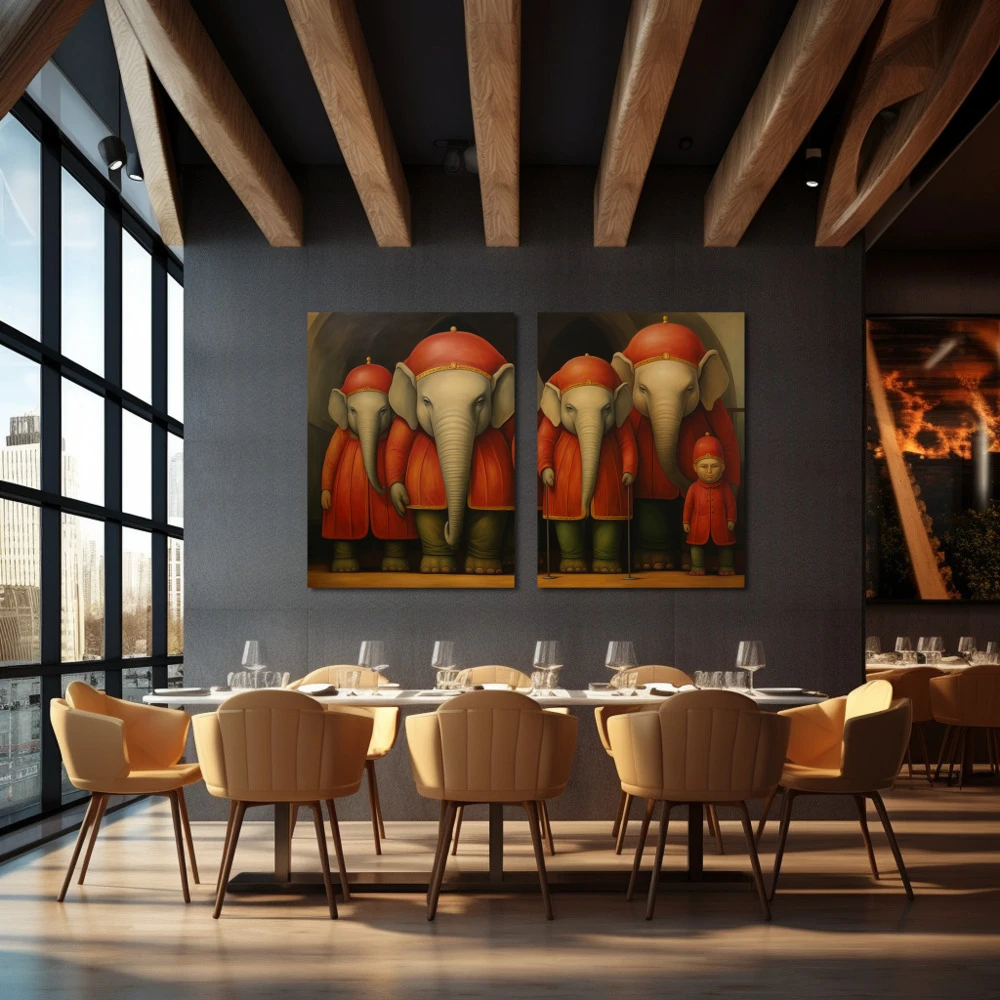 Cuadro memoria de trompas silenciosas en formato díptico con colores gris, rojo, verde; decorando pared de restaurante