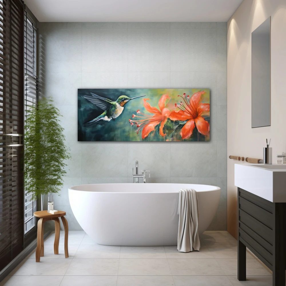 Wall Art titled: Fantasy Pollinators in a Elongated format with: Blue, Orange, and Green Colors; Decoration the Bathroom wall