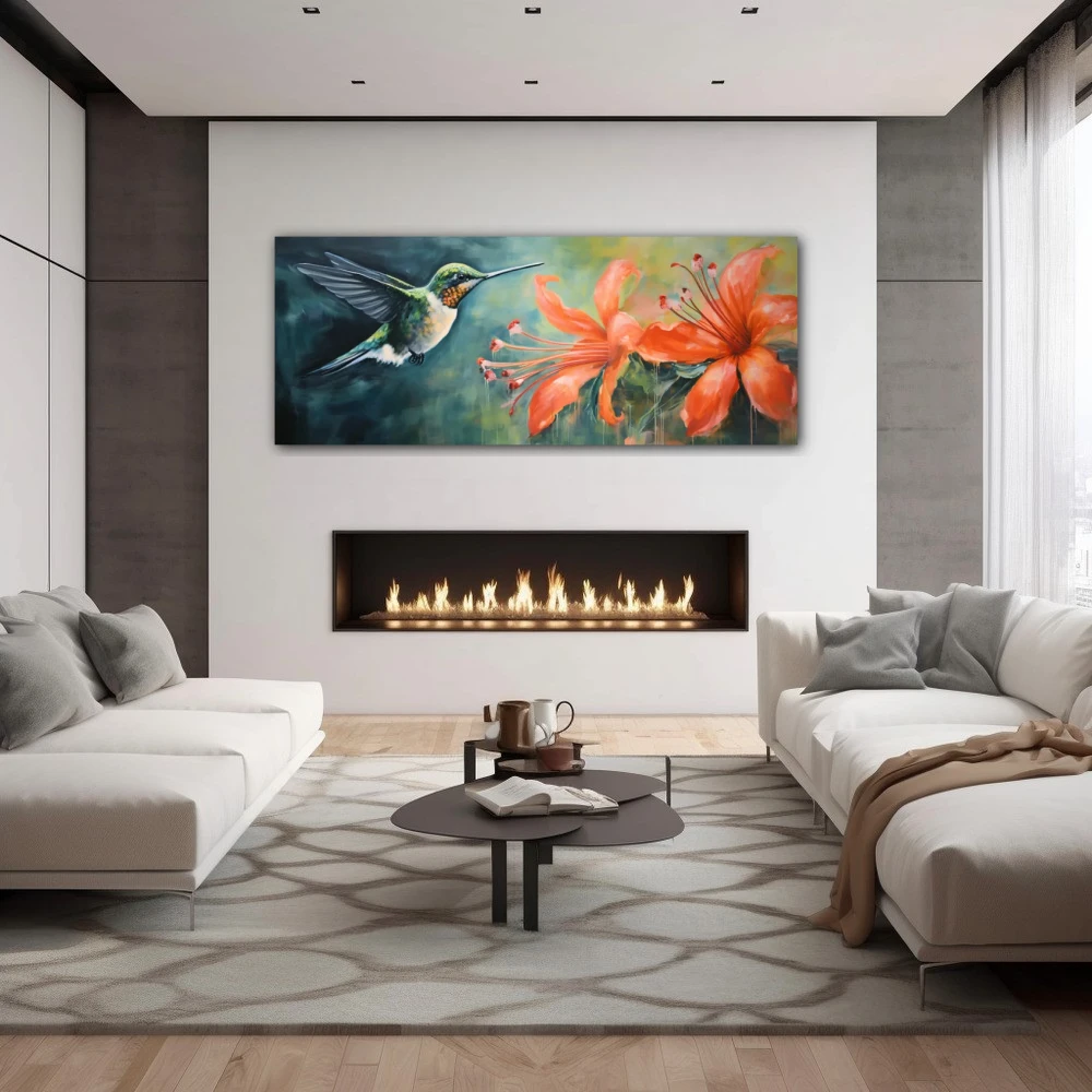 Wall Art titled: Fantasy Pollinators in a Elongated format with: Blue, Orange, and Green Colors; Decoration the Fireplace wall