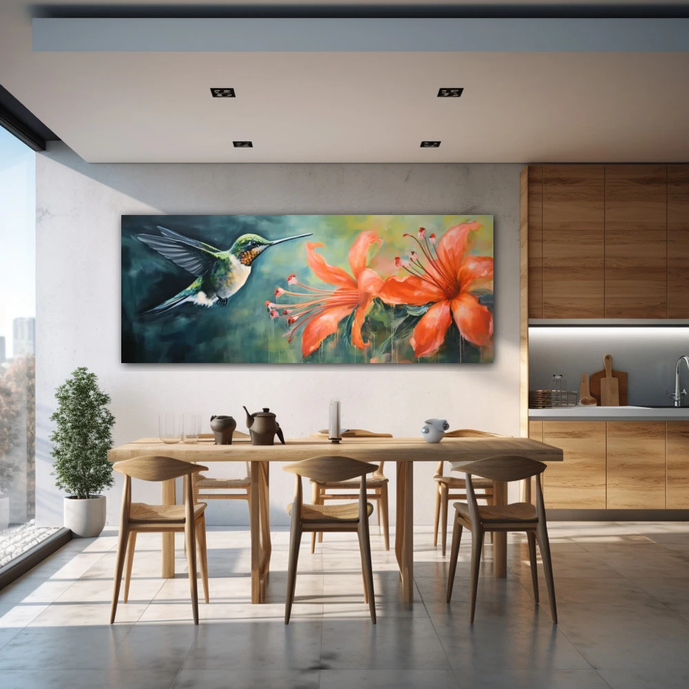 Wall Art titled: Fantasy Pollinators in a Elongated format with: Blue, Orange, and Green Colors; Decoration the Kitchen wall