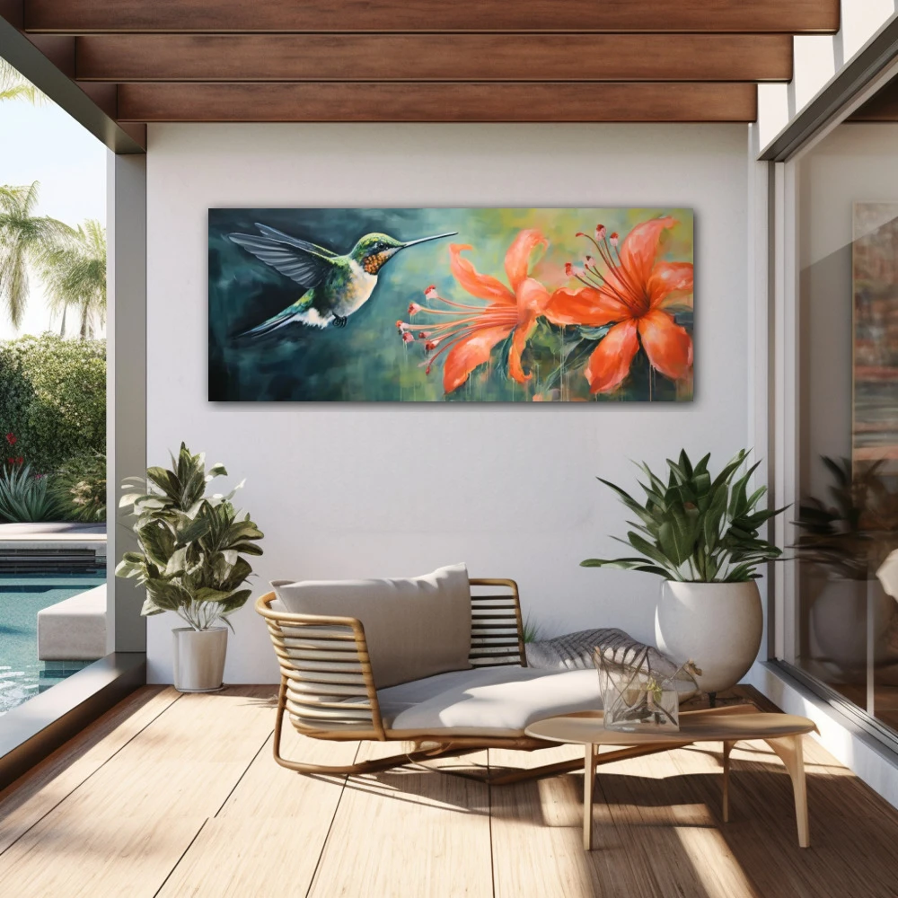 Wall Art titled: Fantasy Pollinators in a Elongated format with: Blue, Orange, and Green Colors; Decoration the Outdoor wall
