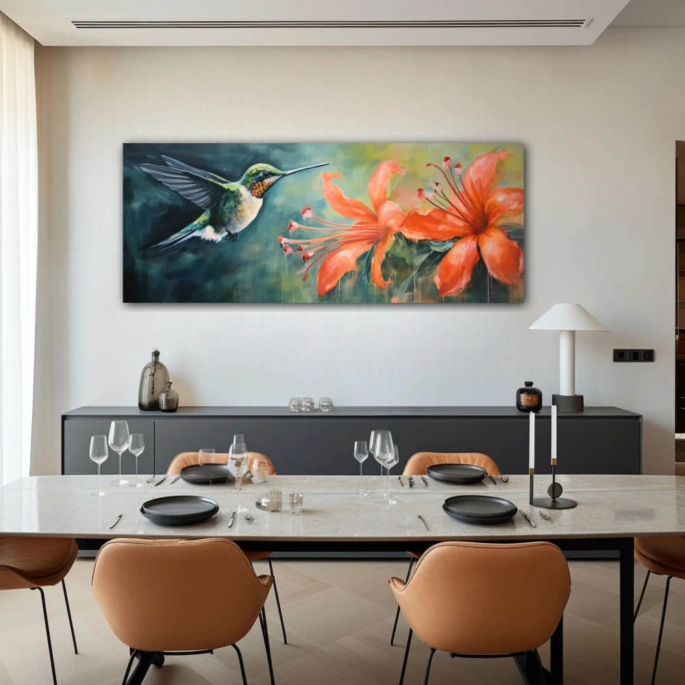 Wall Art titled: Fantasy Pollinators in a Elongated format with: Blue, Orange, and Green Colors; Decoration the Living Room wall