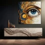 Wall Art titled: Porcelain Gaze in a Square format with: Blue, white, and Golden Colors; Decoration the Sideboard wall