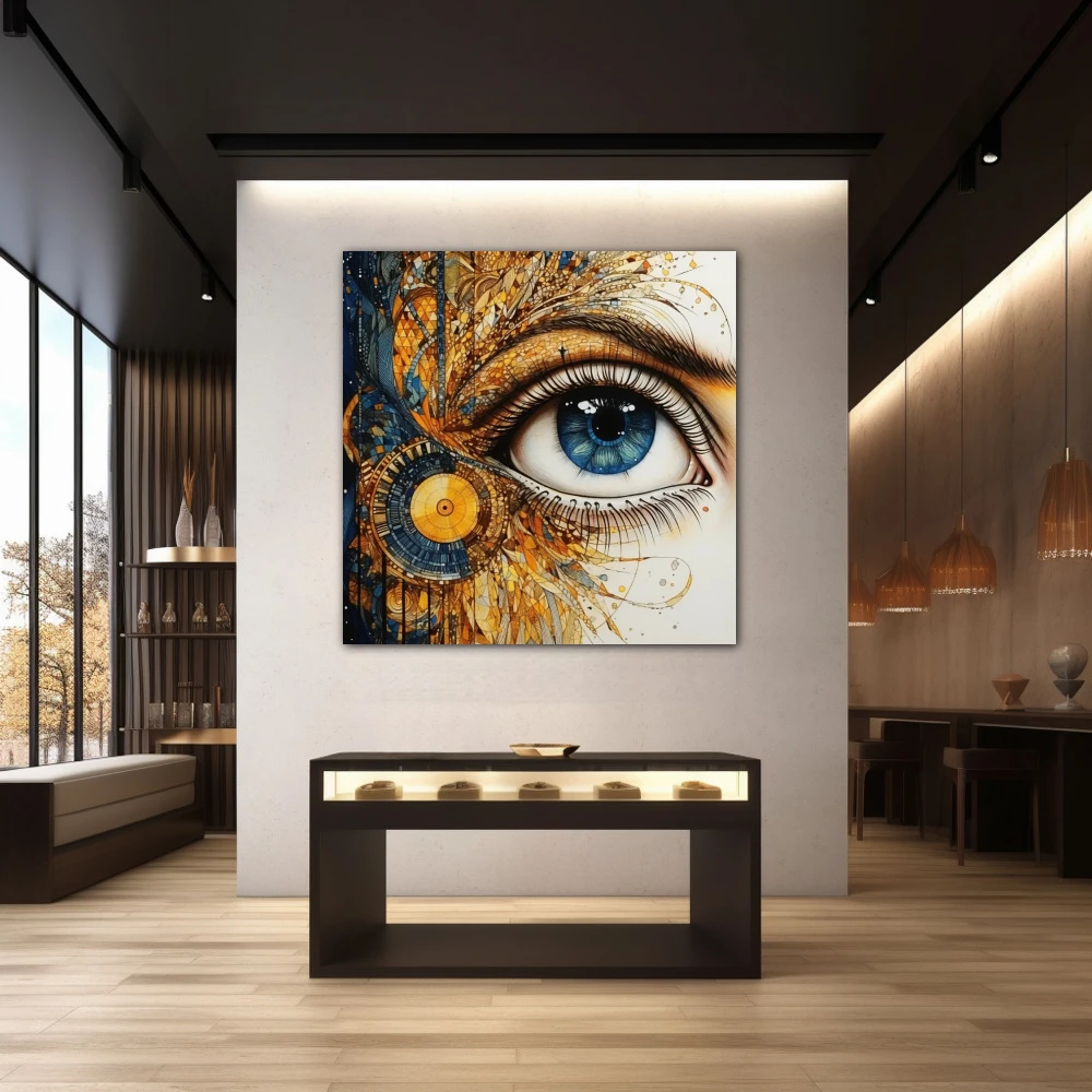 Wall Art titled: Porcelain Gaze in a Square format with: Blue, white, and Golden Colors; Decoration the Jewellery wall