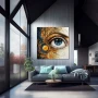 Wall Art titled: Porcelain Gaze in a Square format with: Blue, white, and Golden Colors; Decoration the Living Room wall