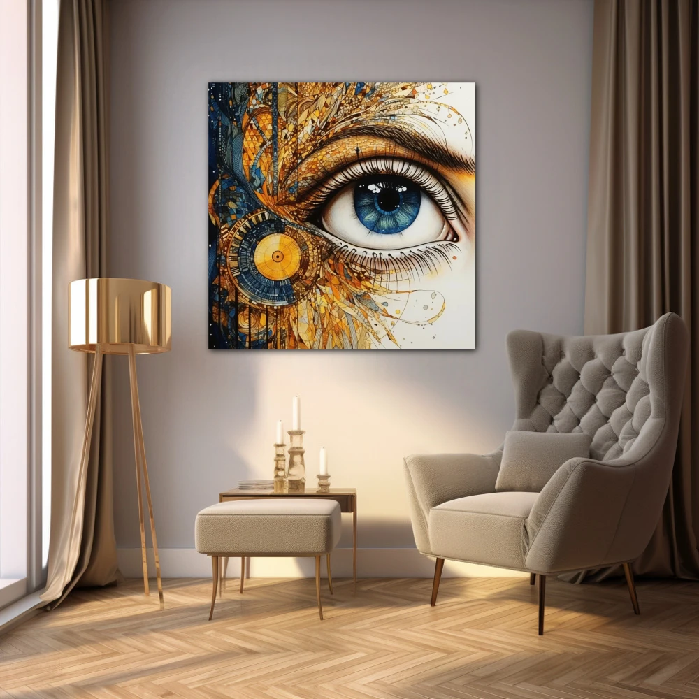 Wall Art titled: Porcelain Gaze in a Square format with: Blue, white, and Golden Colors; Decoration the Living Room wall
