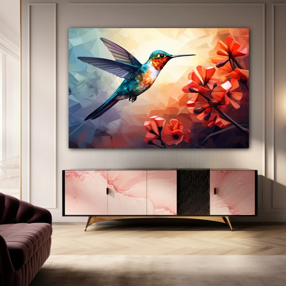 Wall Art titled: Ruby Nectar in a Horizontal format with: Sky blue, Orange, and Red Colors; Decoration the Sideboard wall