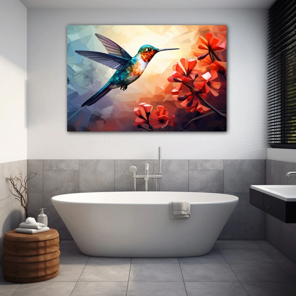 Wall Art titled: Ruby Nectar in a Horizontal format with: Sky blue, Orange, and Red Colors; Decoration the Bathroom wall