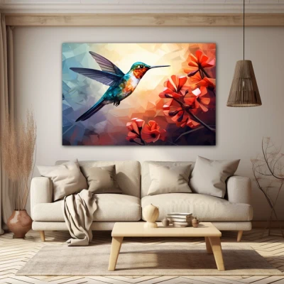 Wall Art titled: Ruby Nectar in a Horizontal format with: Sky blue, Orange, and Red Colors; Decoration the Beige Wall wall