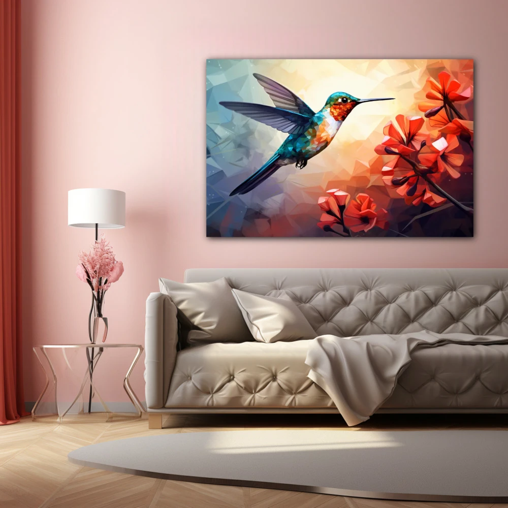 Wall Art titled: Ruby Nectar in a Horizontal format with: Sky blue, Orange, and Red Colors; Decoration the Above Couch wall