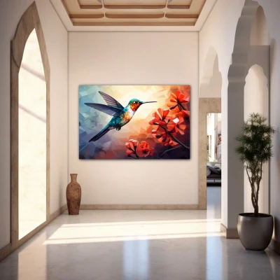 Wall Art titled: Ruby Nectar in a  format with: Sky blue, Orange, and Red Colors; Decoration the Entryway wall