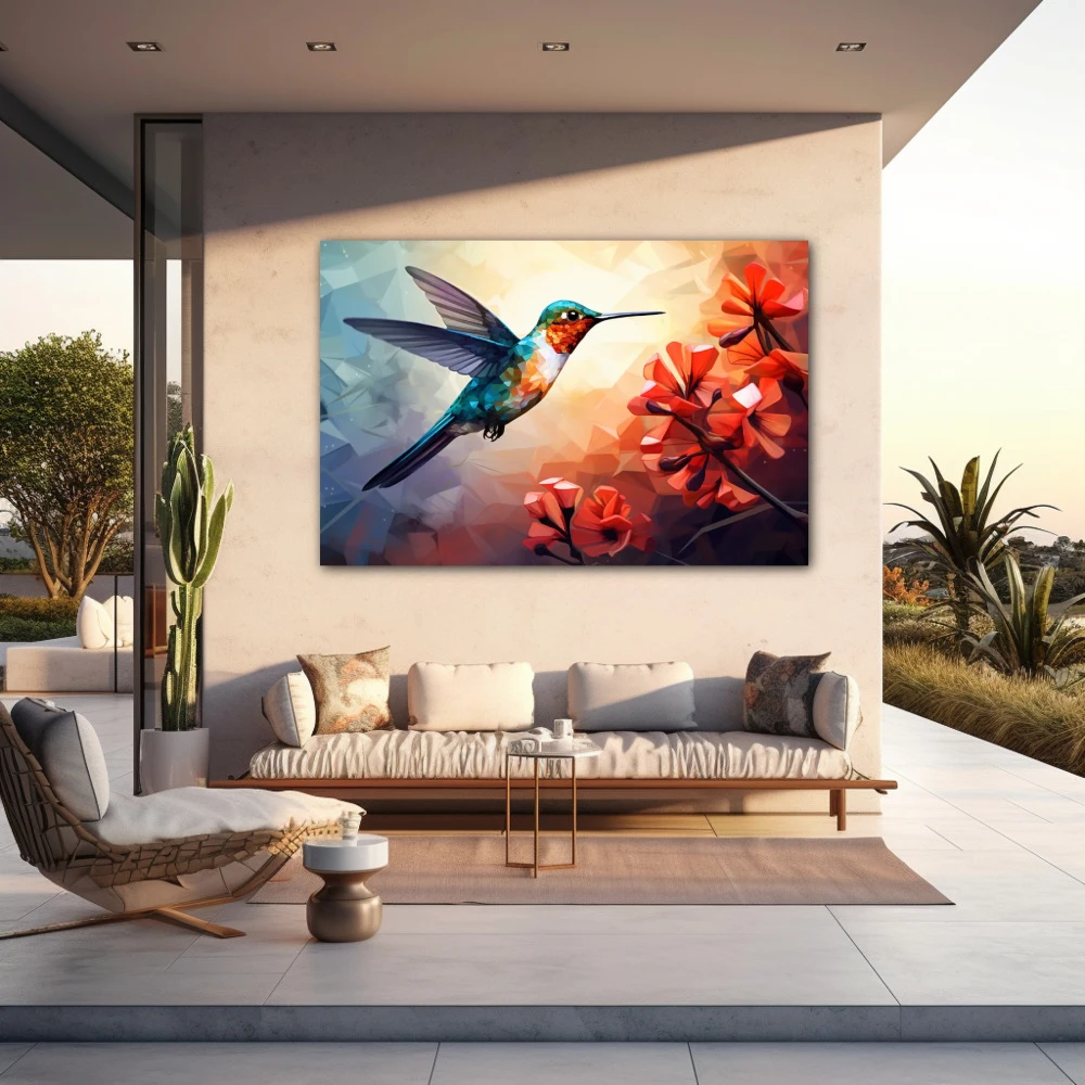 Wall Art titled: Ruby Nectar in a Horizontal format with: Sky blue, Orange, and Red Colors; Decoration the Outdoor wall