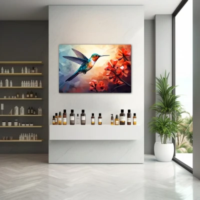 Wall Art titled: Ruby Nectar in a  format with: Sky blue, Orange, and Red Colors; Decoration the Pharmacy wall