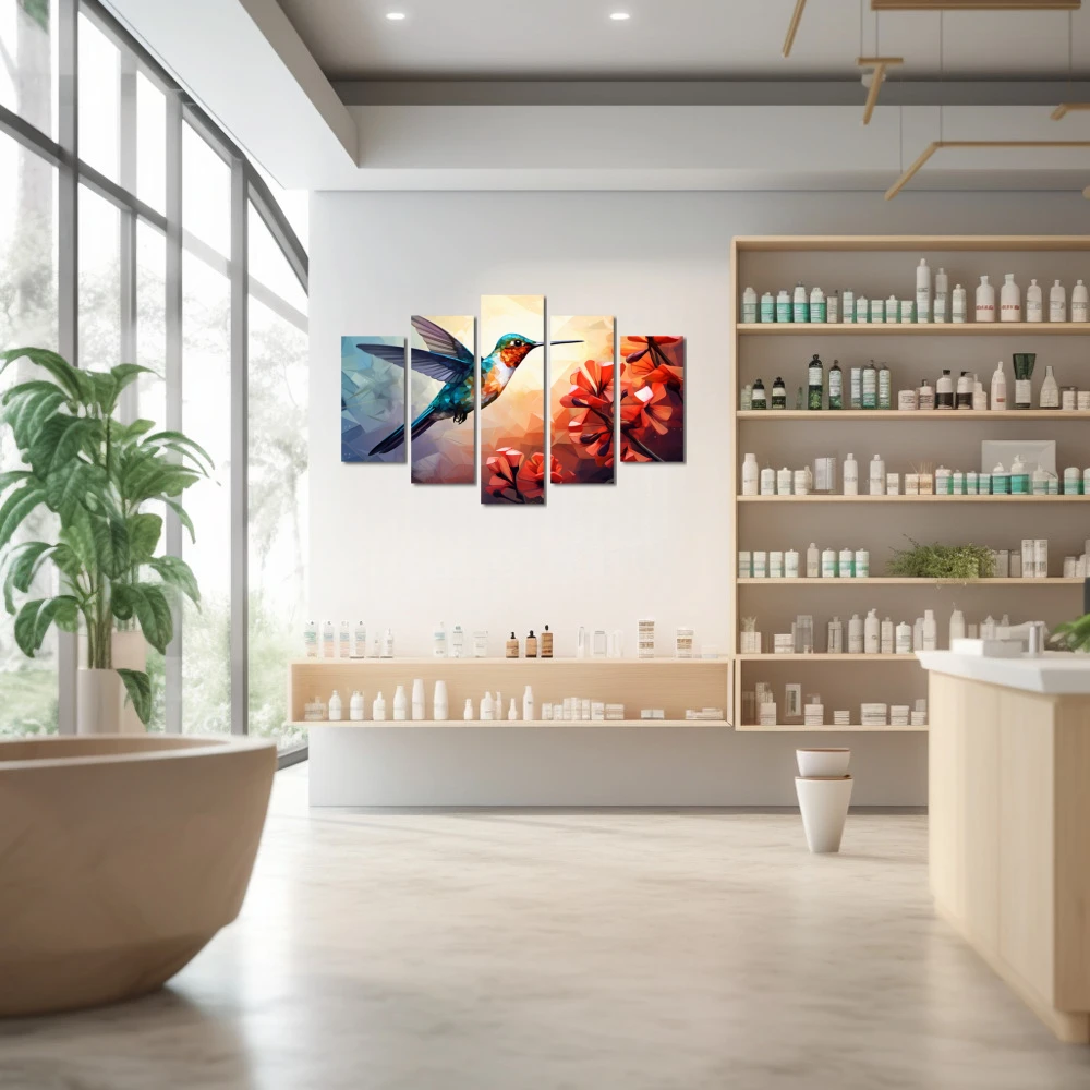 Wall Art titled: Ruby Nectar in a Horizontal format with: Sky blue, Orange, and Red Colors; Decoration the Pharmacy wall