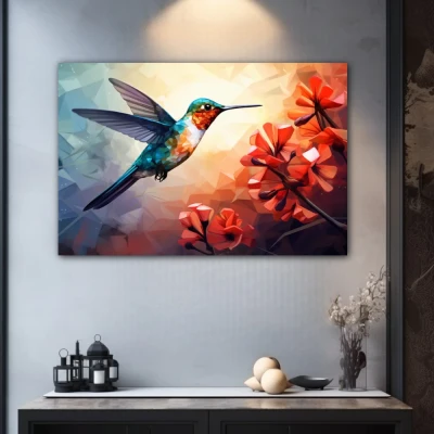 Wall Art titled: Ruby Nectar in a Horizontal format with: Sky blue, Orange, and Red Colors; Decoration the Grey Walls wall