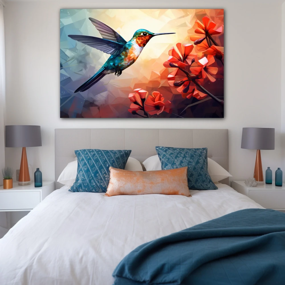 Wall Art titled: Ruby Nectar in a Horizontal format with: Sky blue, Orange, and Red Colors; Decoration the Bedroom wall