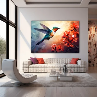 Wall Art titled: Ruby Nectar in a  format with: Sky blue, Orange, and Red Colors; Decoration the Living Room wall