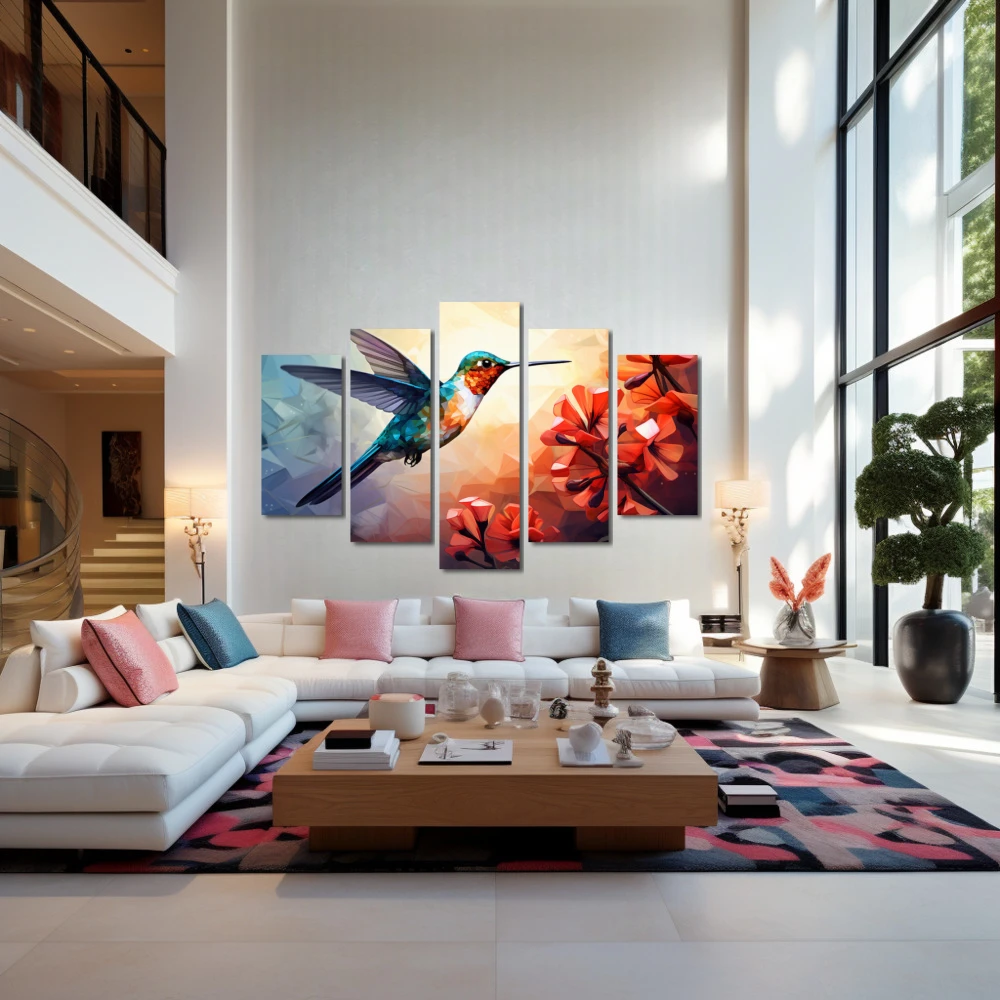 Wall Art titled: Ruby Nectar in a Horizontal format with: Sky blue, Orange, and Red Colors; Decoration the Living Room wall