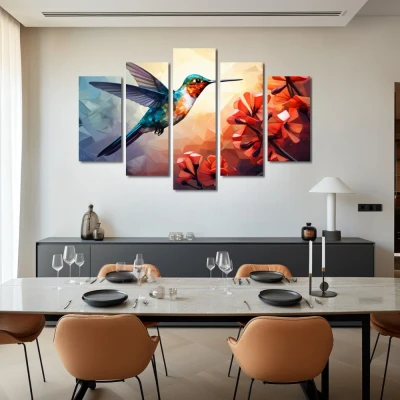 Cuadro Néctar de Rubíes en formato políptico con colores Celeste, Naranja, Rojo; Decorando pared de Salón comedor