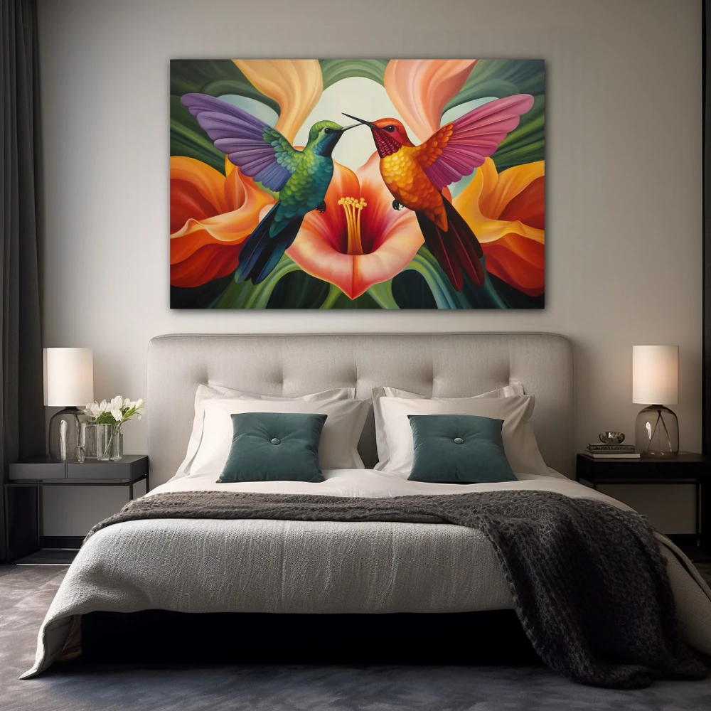 Cuadro sinfonía de alas vibrantes en formato horizontal con colores morado, verde, vivos; decorando pared de habitación dormitorio