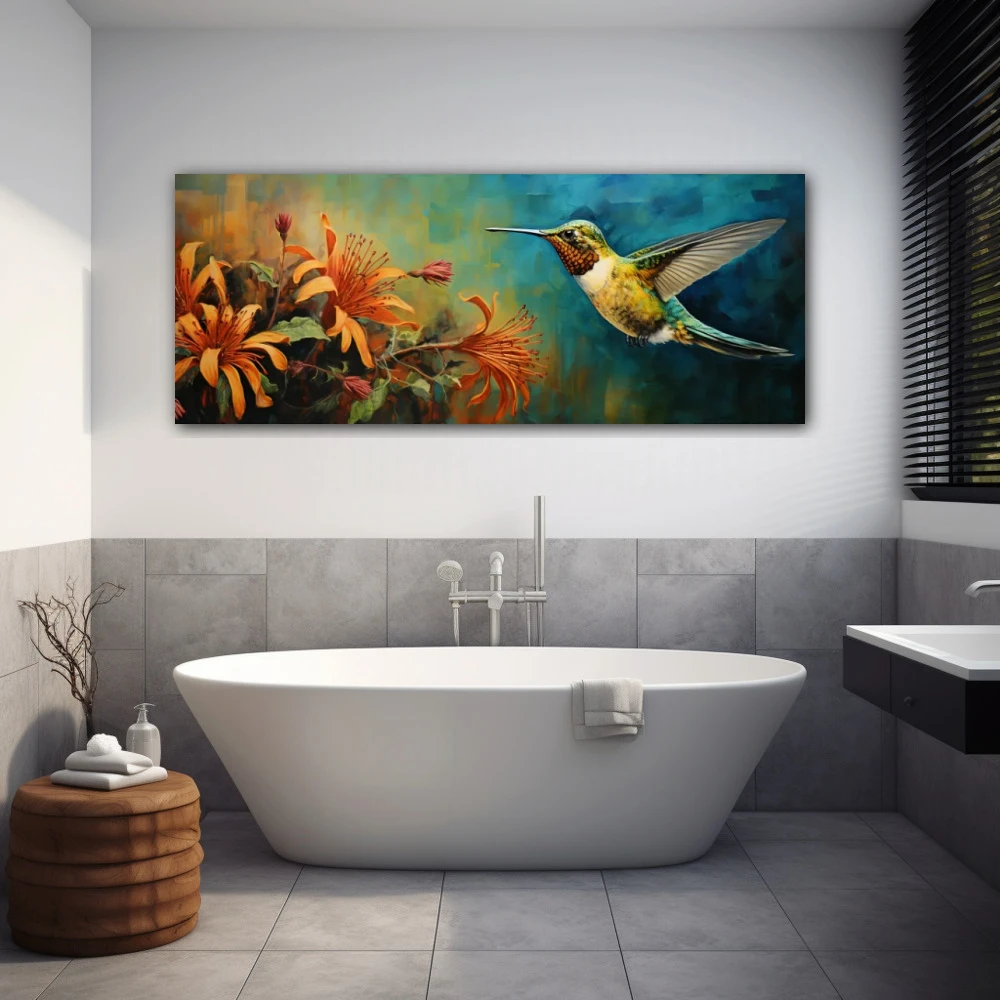 Wall Art titled: Airy Elixir in a Elongated format with: Blue, and Orange Colors; Decoration the Bathroom wall