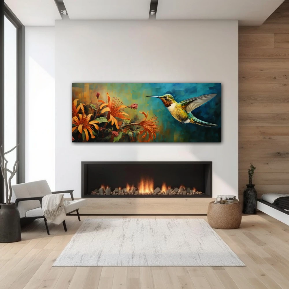 Wall Art titled: Airy Elixir in a Elongated format with: Blue, and Orange Colors; Decoration the Fireplace wall