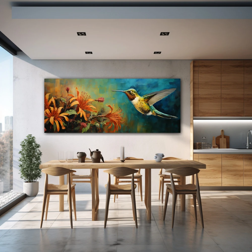 Wall Art titled: Airy Elixir in a Elongated format with: Blue, and Orange Colors; Decoration the Kitchen wall