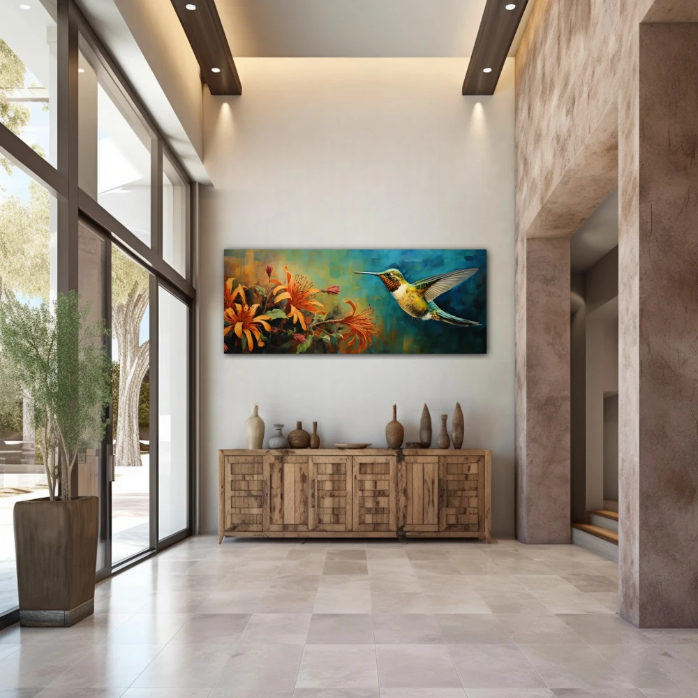 Wall Art titled: Airy Elixir in a Elongated format with: Blue, and Orange Colors; Decoration the Entryway wall