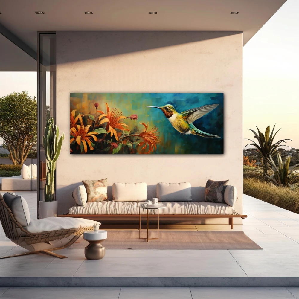 Wall Art titled: Airy Elixir in a Elongated format with: Blue, and Orange Colors; Decoration the Outdoor wall