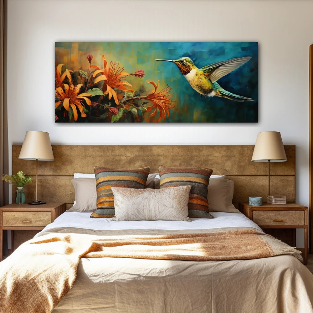 Cuadro elixir aéreo en formato apaisado con colores azul, naranja; decorando pared de habitación dormitorio