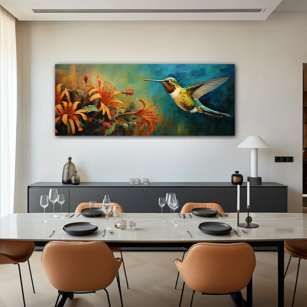 Wall Art titled: Airy Elixir in a Elongated format with: Blue, and Orange Colors; Decoration the Living Room wall