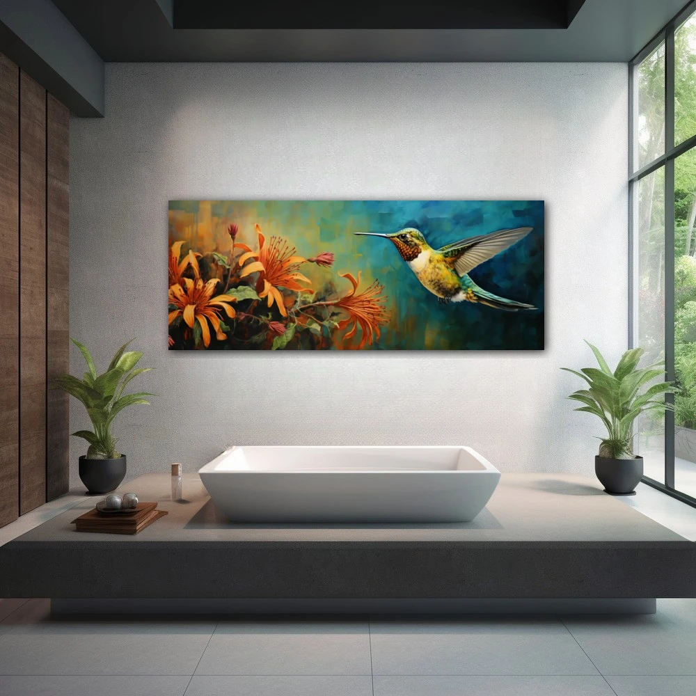Wall Art titled: Airy Elixir in a Elongated format with: Blue, and Orange Colors; Decoration the Wellbeing wall