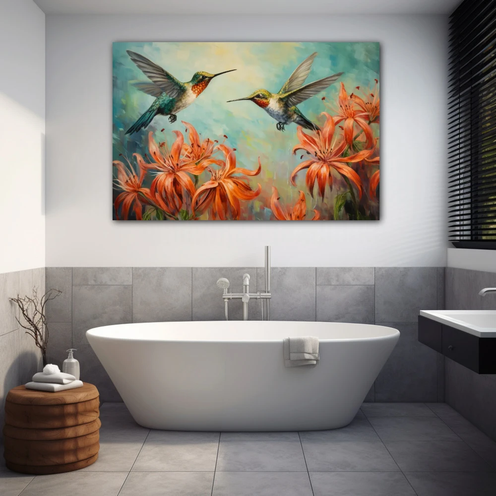 Wall Art titled: Ballet of Vibrant Wings in a Horizontal format with: Sky blue, and Orange Colors; Decoration the Bathroom wall