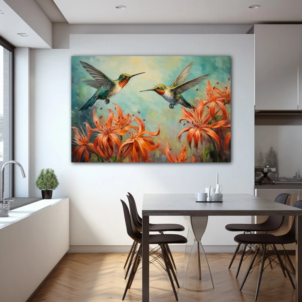 Wall Art titled: Ballet of Vibrant Wings in a Horizontal format with: Sky blue, and Orange Colors; Decoration the Kitchen wall