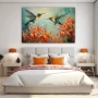 Wall Art titled: Ballet of Vibrant Wings in a Horizontal format with: Sky blue, and Orange Colors; Decoration the Bedroom wall