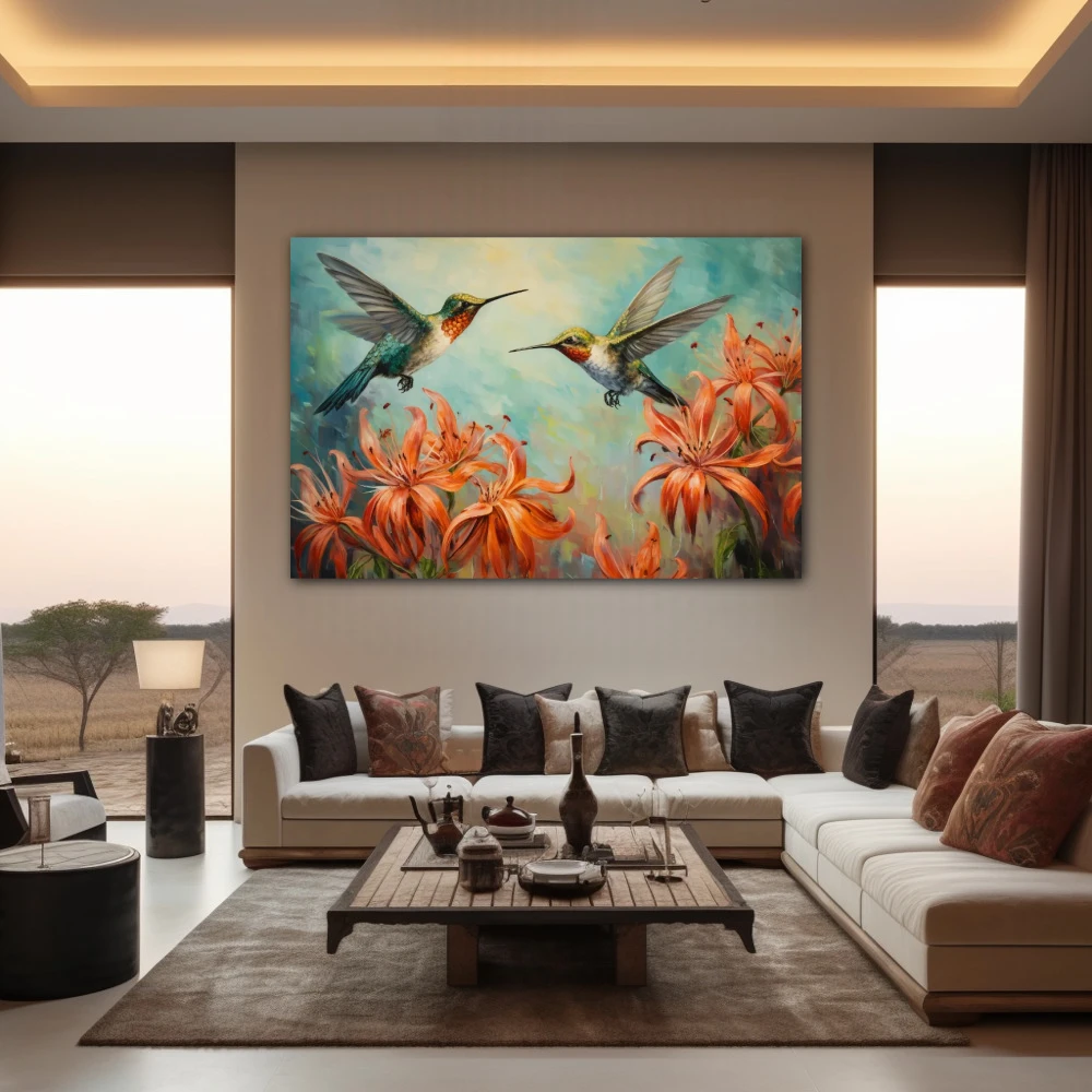 Wall Art titled: Ballet of Vibrant Wings in a Horizontal format with: Sky blue, and Orange Colors; Decoration the Living Room wall
