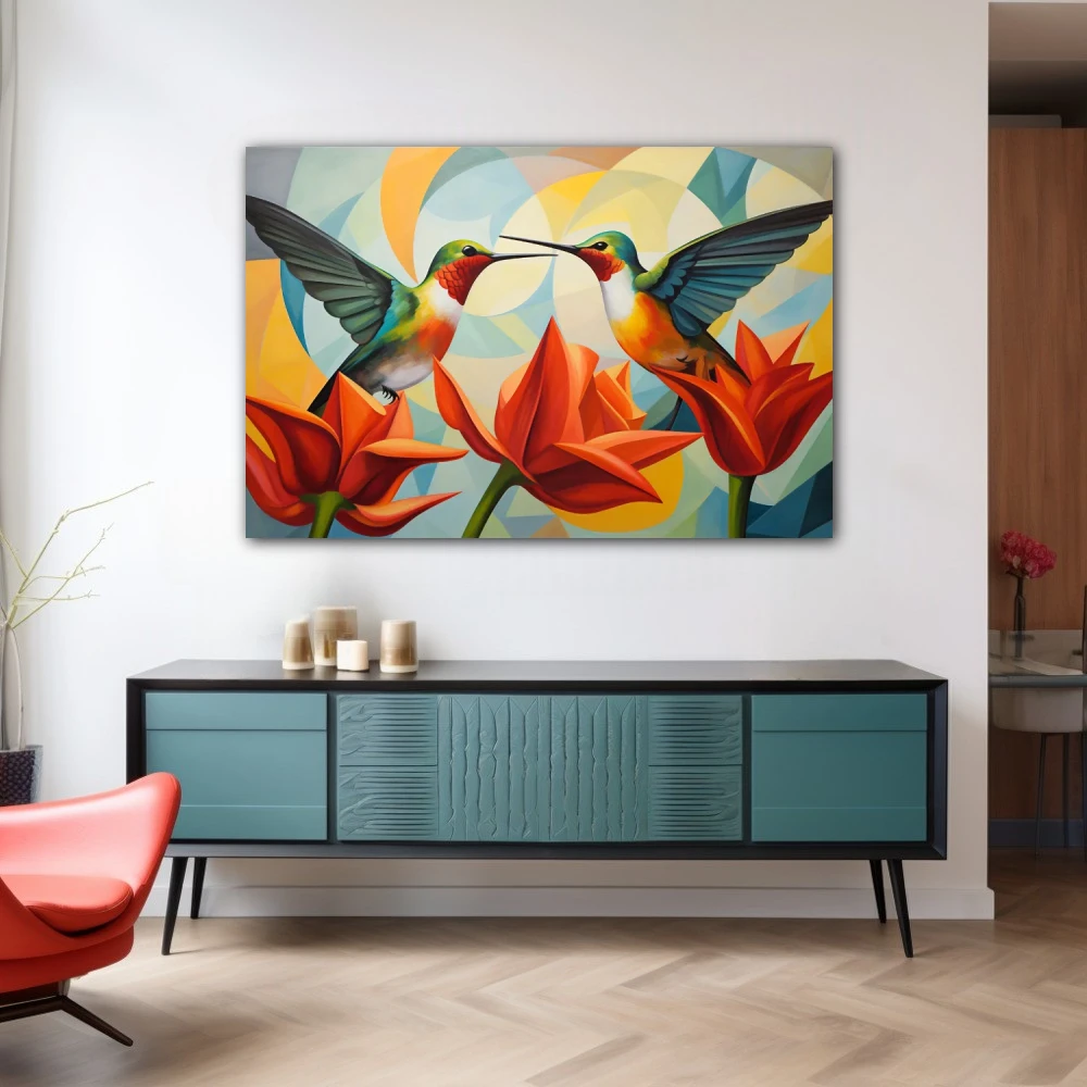 Cuadro diálogo en vuelo en formato horizontal con colores celeste, mostaza, naranja, vivos; decorando pared de aparador