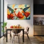 Wall Art titled: Dialogue in Flight in a Horizontal format with: Sky blue, Mustard, Orange, and Vivid Colors; Decoration the Kitchen wall