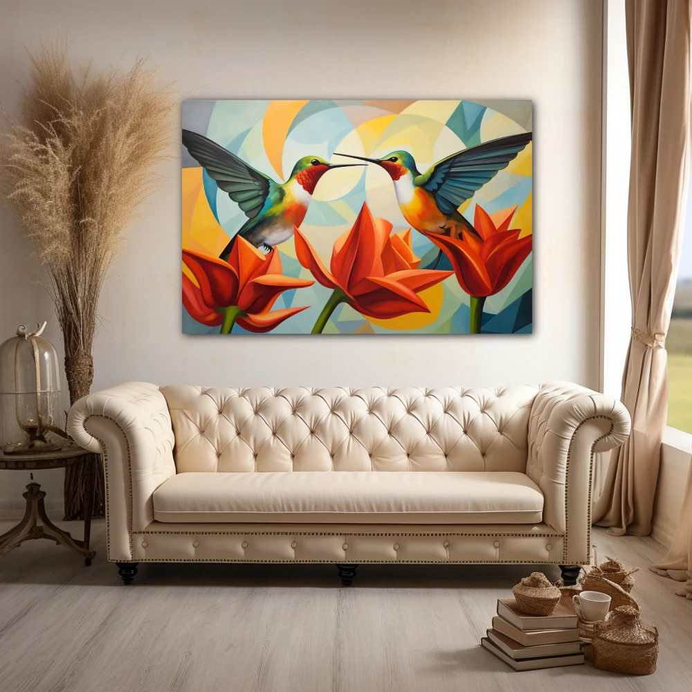 Cuadro diálogo en vuelo en formato horizontal con colores celeste, mostaza, naranja, vivos; decorando pared de encima del sofá