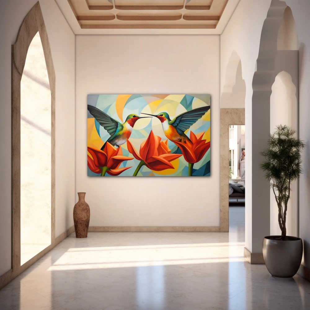 Cuadro diálogo en vuelo en formato horizontal con colores celeste, mostaza, naranja, vivos; decorando pared de entrada y recibidor
