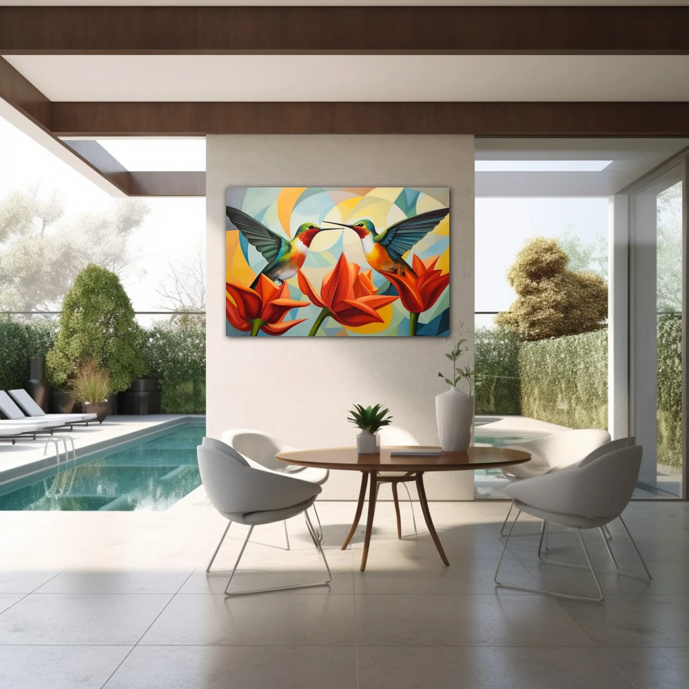 Wall Art titled: Dialogue in Flight in a Horizontal format with: Sky blue, Mustard, Orange, and Vivid Colors; Decoration the Outdoor wall