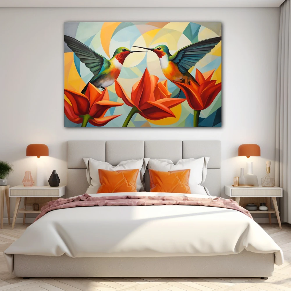 Cuadro diálogo en vuelo en formato horizontal con colores celeste, mostaza, naranja, vivos; decorando pared de habitación dormitorio