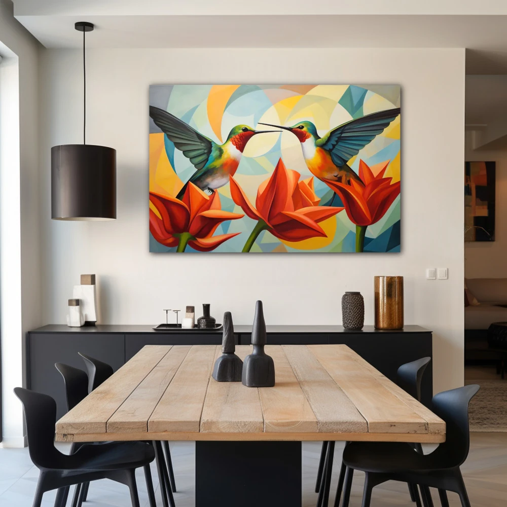 Cuadro diálogo en vuelo en formato horizontal con colores celeste, mostaza, naranja, vivos; decorando pared de salón comedor