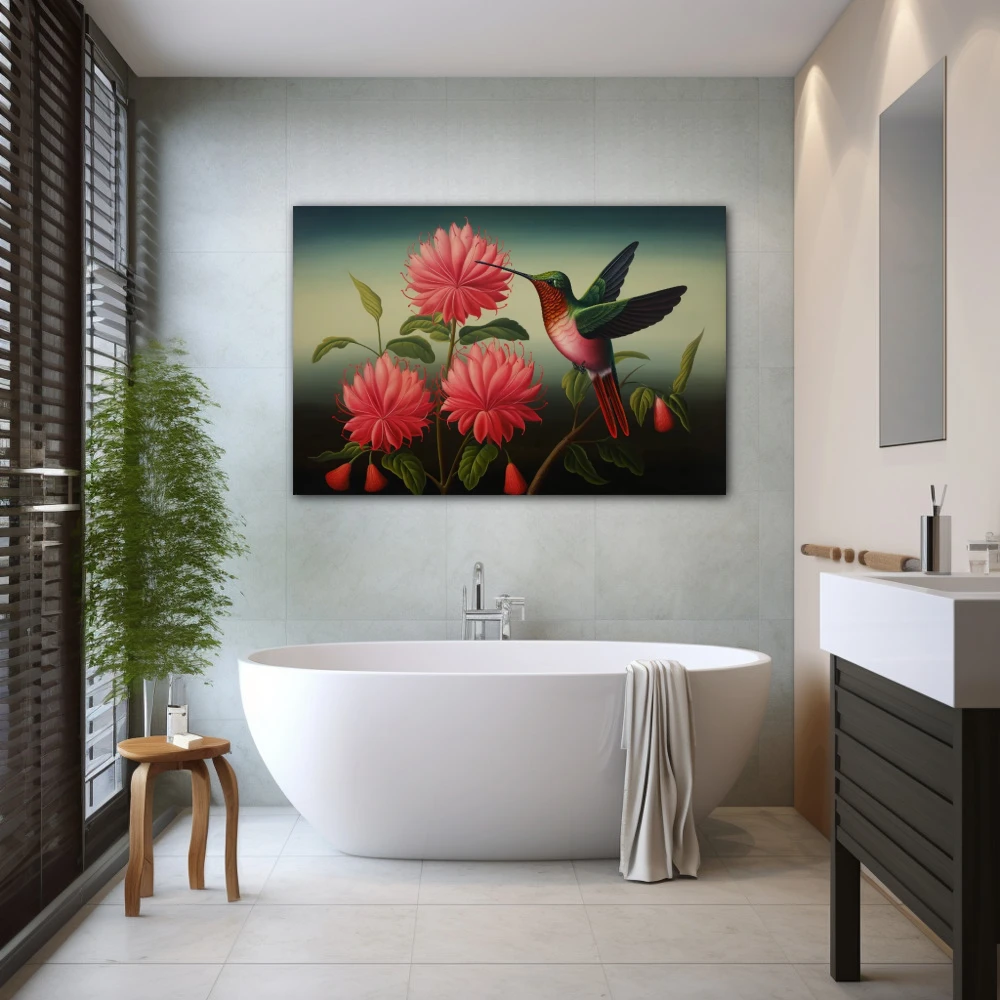 Wall Art titled: Whispers in Crimson in a Horizontal format with: Pink, Green, and Vivid Colors; Decoration the Bathroom wall