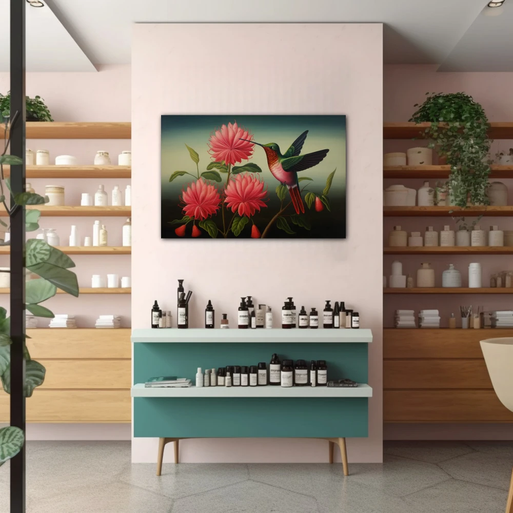 Wall Art titled: Whispers in Crimson in a Horizontal format with: Pink, Green, and Vivid Colors; Decoration the Pharmacy wall